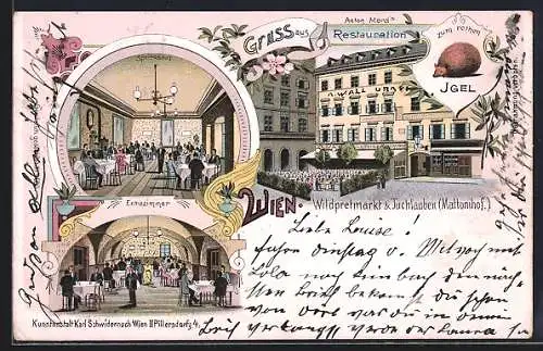 Lithographie Wien, Restauration zum roten Igel, Wildpretmarkt & Tuchlauben Mattonihof, Inneres Speisesaal