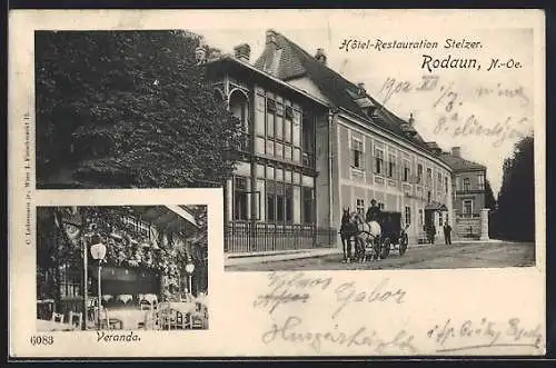 AK Wien-Rodaun, Hotel-Restauration Stelzer, Strassenansicht mit Kutsche, Veranda