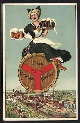 Lithographie Wien XXIII, Liesinger Brauhaus, Kellnerin mit Massbier auf dem Fass fliegend