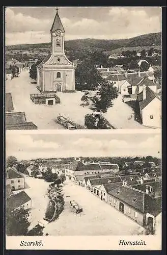 AK Hornstein / Szarkö, Kirche im Ortsbild, Strassenpartie im Zentrum