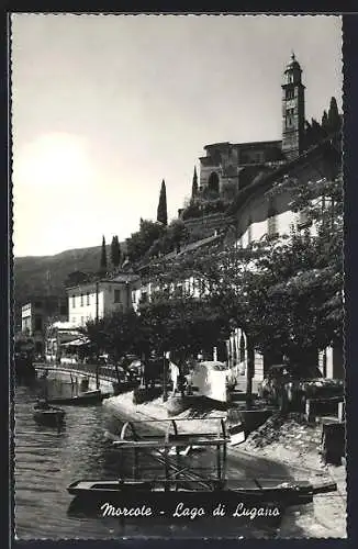 AK Morcote /Lago die Lugano, Blick vom Seeufer zur Pfarrkirche S. Maria del Sasso