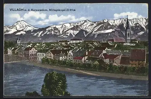 AK Villach, Panorama mit den Karawanken, Mittagskogel