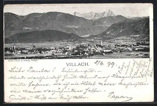 AK Villach, Panorama mit den Bergen