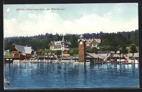 AK Klagenfurt /Wörthersee, Militär-Schwimmschule mit Uhrturm