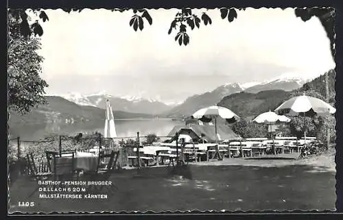 AK Dellach /Millstättersee, Gasthof-Pension Brugger, Terrasse mit Panoramablick