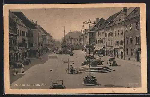 AK St. Veit a.d. Glan, Hauptplatz mit Geschäften und Schüsselbrunnen