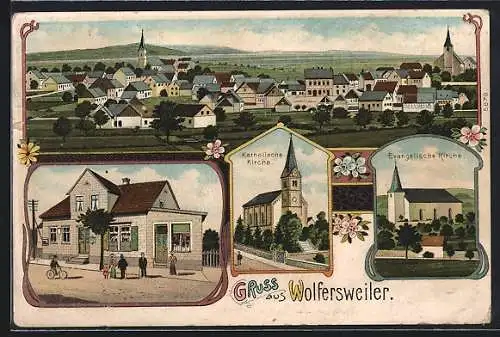 Lithographie Wolfersweiler, Panorama, Katholische und Evangelische Kirchen