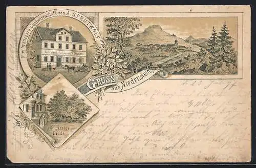 Lithographie Niedenstein, Gasthaus von A. Strutwolf und 100 Jährige Linde