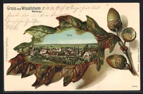 Passepartout-Lithographie Wisselsheim /Wetterau, Totalansicht in einem Eichenblatt