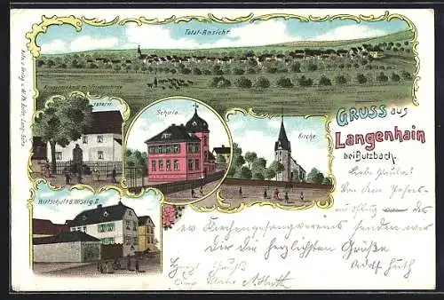 Lithographie Langenhain bei Butzbach, Gasthaus B. Wissig II, Schule und Kirche