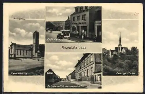 AK Herrensohr / Saar, Cafe Kempf, Schule mit Johannesstrasse