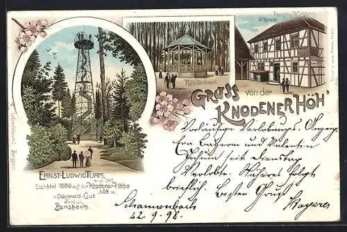 Lithographie Lautertal / Odenwald, Gasthaus Knodener Höh mit Mathildentempel und Ernst-Ludwig-Turm