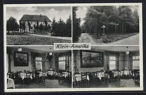 AK Syrau i. V., Gasthaus Klein Amerika, Bes. Joh. Müller, Wegpartie, Aussen- und Innenansicht