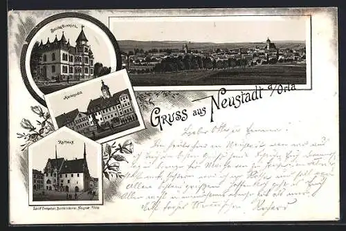 Lithographie Neustadt / Orla, Bezirks-Direktion, Marktplatz, Rathaus, Ortsansicht