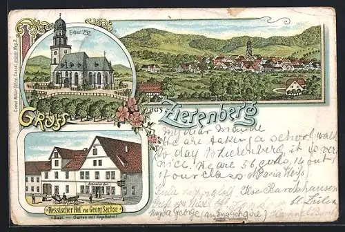 Lithographie Zierenberg, Kirche von 1292 und Gasthaus Hessischer Hof v. Georg Sachse