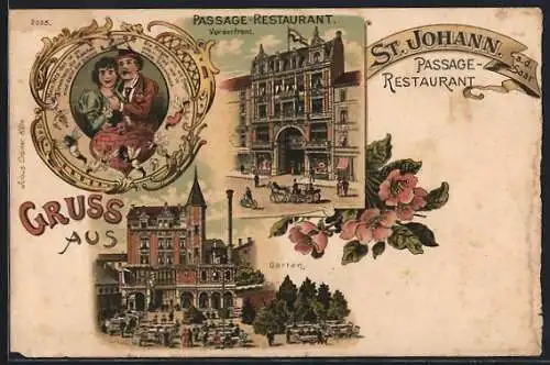 Lithographie St. Johann a. d. Saar, Passage-Restaurant, Vorderfront und Garten