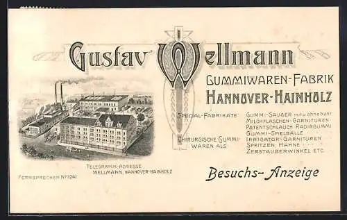 Lithographie Hannover-Hainholz, Gummiwaren-Fabrik Gustav Wellmann, Ansicht des Fabrikgebäudes