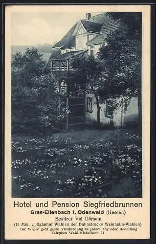 AK Gras-Ellenbach i. Odenwald, Hotel und Pension Siegfriedbrunnen, Bes. Val. Dörsam, Ansicht von der Wese aus