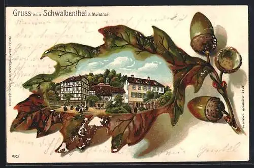 Passepartout-Lithographie Schwalbental a. Meissner, Ansicht in einem Eichenblatt