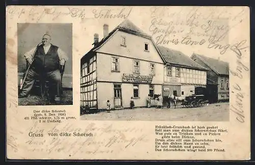 AK Fränkisch-Crumbach, Gasthaus zum dicken Schorsch und der dicke Schorsch auf zwei Stühlen