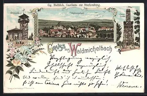 Lithographie Waldmichelbach, Totalansicht, Schimmelberg, Irene-Turm, Gasthaus zum Odenwald