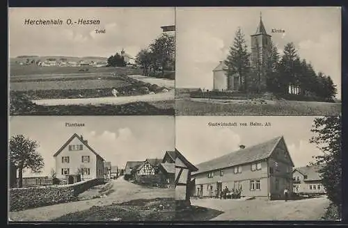 AK Herchenhain O.-Hessen, Pfarrhaus, Kirche und Gasthaus von Heinr. Alt