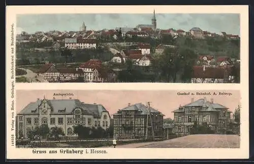 AK Grünberg i. Hessen, Amtsgericht und Gasthof z. Bahnhof v. A. Beltrop