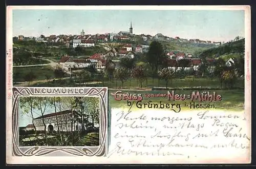 AK Grünberg / Hessen, Gasthaus Neumühle, Ortsansicht mit Kirche