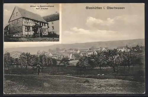 AK Glashütten / Oberhessen, Ortsansicht, Möbel- und Bauschreinerei Karl Fischer