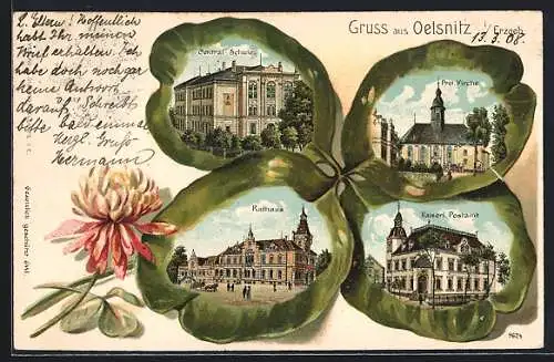 Passepartout-Lithographie Oelsnitz i. Erzgeb., Centralschule, Prot. Kirche und Kaiserl. Postamt in einem Kleeblatt