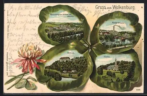 Passepartout-Lithographie Wolkenburg, Schloss, Kirche und Muldenbrücke in einem Kleeblatt