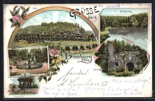 Lithographie Homburg /Pfalz, Springbrunnen, Friedaruhe, Karlsburg, See Karlsberg