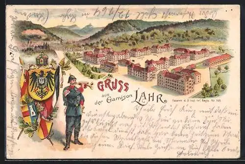 Lithographie Lahr / Baden, Garnison Lahr, Kaserne d. 8. bad. Inf. Regts. Nr. 169 aus der Vogelschau