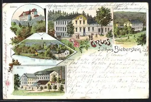 Lithographie Bieberstein, Zollhaus, Schloss, Wäsche, Mühle