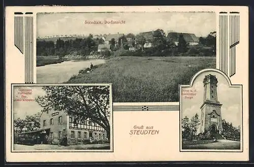 AK Steudten, Dorfansicht, Turm a. d. Rochlirzer Berge, Gasthaus Muldental, Bes. E. Kressner