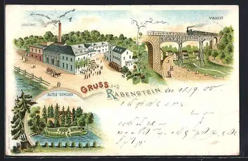 Lithographie Rabenstein / Sa., Brauerei aus der Vogelschau, Viadukt mit Ort, Altes Schloss