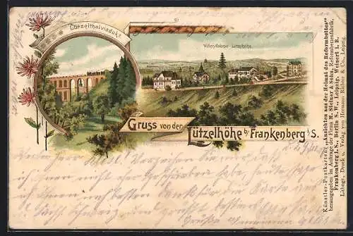 Lithographie Lützelhöhe /Frankenberg i. S., Villenkolonie, Lützelthalviadukt