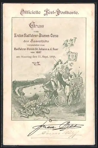 Künstler-AK St. Johann a. d. Saar, Radfahrer-Blumen-Corso der Saarstädte 1898, Festpostkarte, Radfahrer mit Blumenkranz