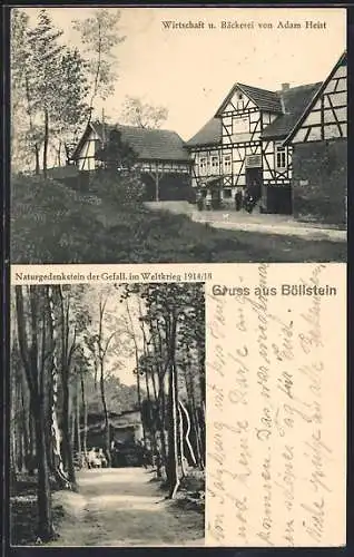 AK Böllstein, Gasthaus u. Bäckerei Adam Heist, Naturgedenkstein der Gefallenen 1914 /18