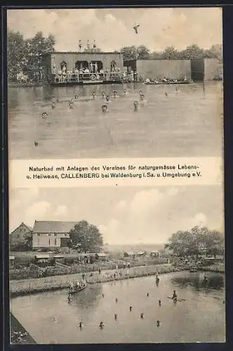 AK Callenberg, Naturbad mit Anlagen des Vereins für naturgemässe Lebens- u- Heilweise, Badende, Boot