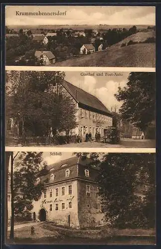 AK Krummenhennersdorf, Gasthof und Post-Auto, Schloss, Ortsansicht von einem Hang aus