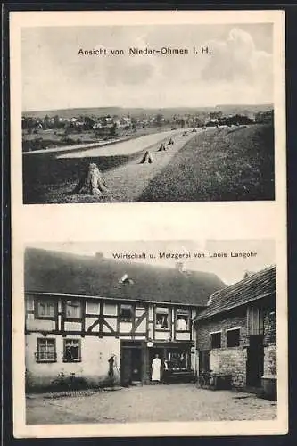 AK Nieder-Ohmen i. H., Gasthaus und Metzgerei v. Louis Langohr, Ortsansicht