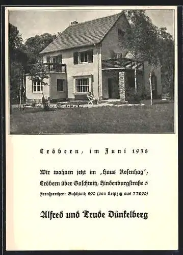 AK Cröbern über Gaschwitz, Pension Haus Rosenhag der Eheleute Dünkelberg, Hindenburgstrasse 6