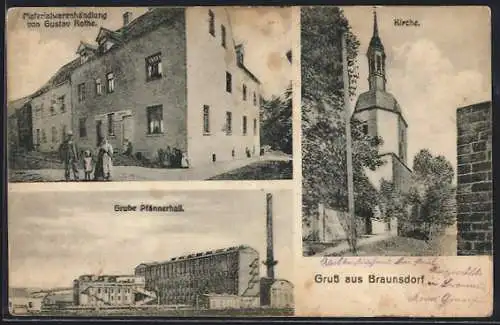 AK Braunsdorf / Querfurt, Materialwarenhandlung Gustav Rothe, Grube Pfännerhall, Kirche