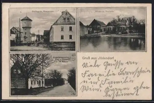 AK Jüdendorf, Handlung u. Glaserei v. Th. Kassler, Dorflage mit Wasserturm, Schule