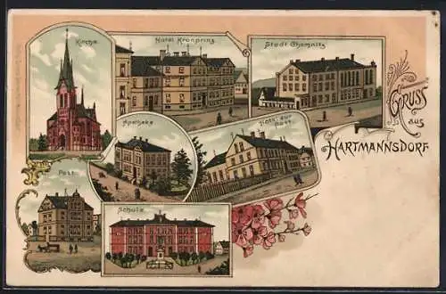 Lithographie Hartmannsdorf / Leipzig, Hotel zur Post, Hotel Stadt Chemnitz, Hotel Kronprinz