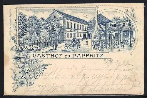 Lithographie Dresden-Rockau, Gasthof mit Gartenwirtschaft