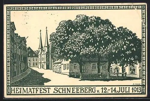 Künstler-AK Schneeberg / Erzgebirge, Festpostkarte zum Heimatfest 1913, Hauptwache am Fürstenplatz und Hospitalkirche