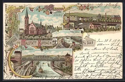 Lithographie Malstatt-Burbach a. d. Saar, Neue evang. Kirche, neue Brücke, Saar-Hafen