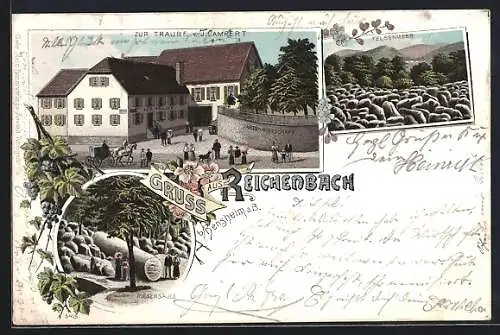 Lithographie Reichenbach b. Bensheim, Gasthaus zur Traube v. J. Lampert, Felsenmeer mit Riesensäule